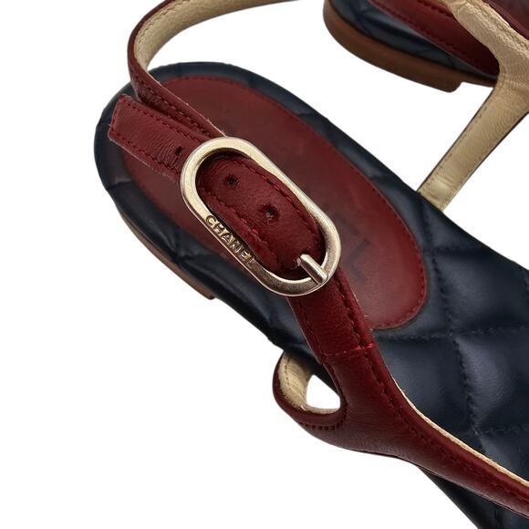 Chanel CC Star T Strap Thong Flat Sandal Navy Red Quilt Leather 40 C US 9 9.5 - Picture 10 of 12